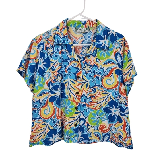 Two Palms Women's Tutti Frutti Rayon Cropped Hawaiian Shirt - Picture 2 of 6